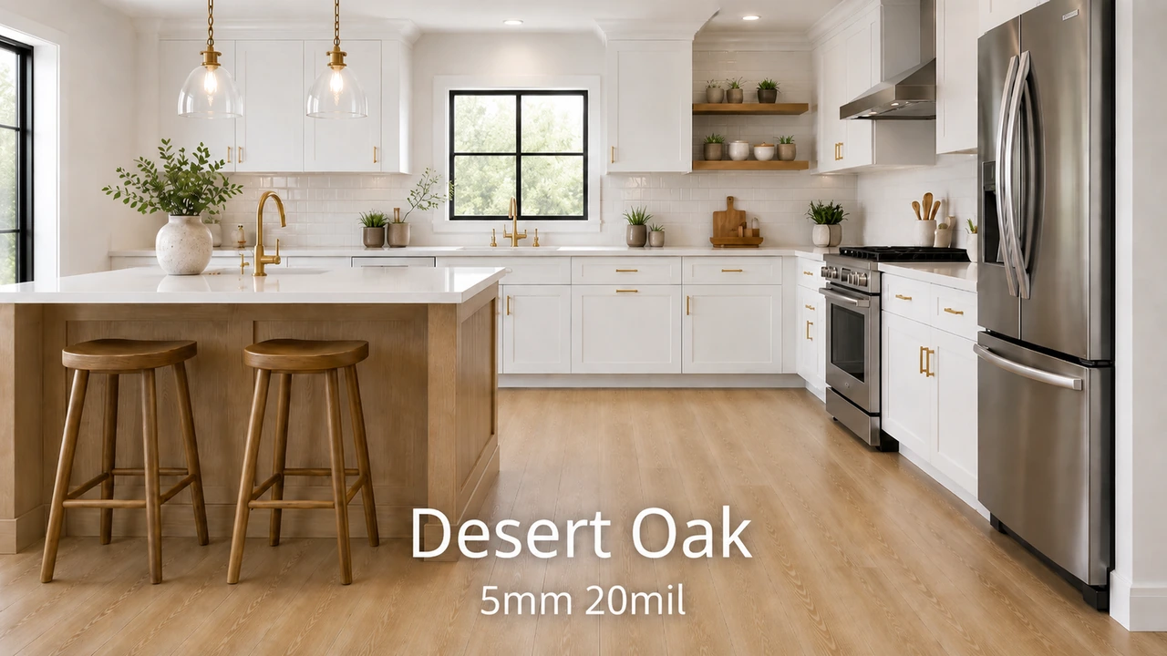 Desert Oak luxury vinyl flooring in warm modern kitchen